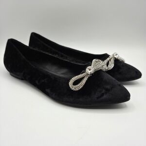 Comfort Velvet Pointed Toe Flats Womens 8 Black Excellent Rhinestone Bow Sparkly